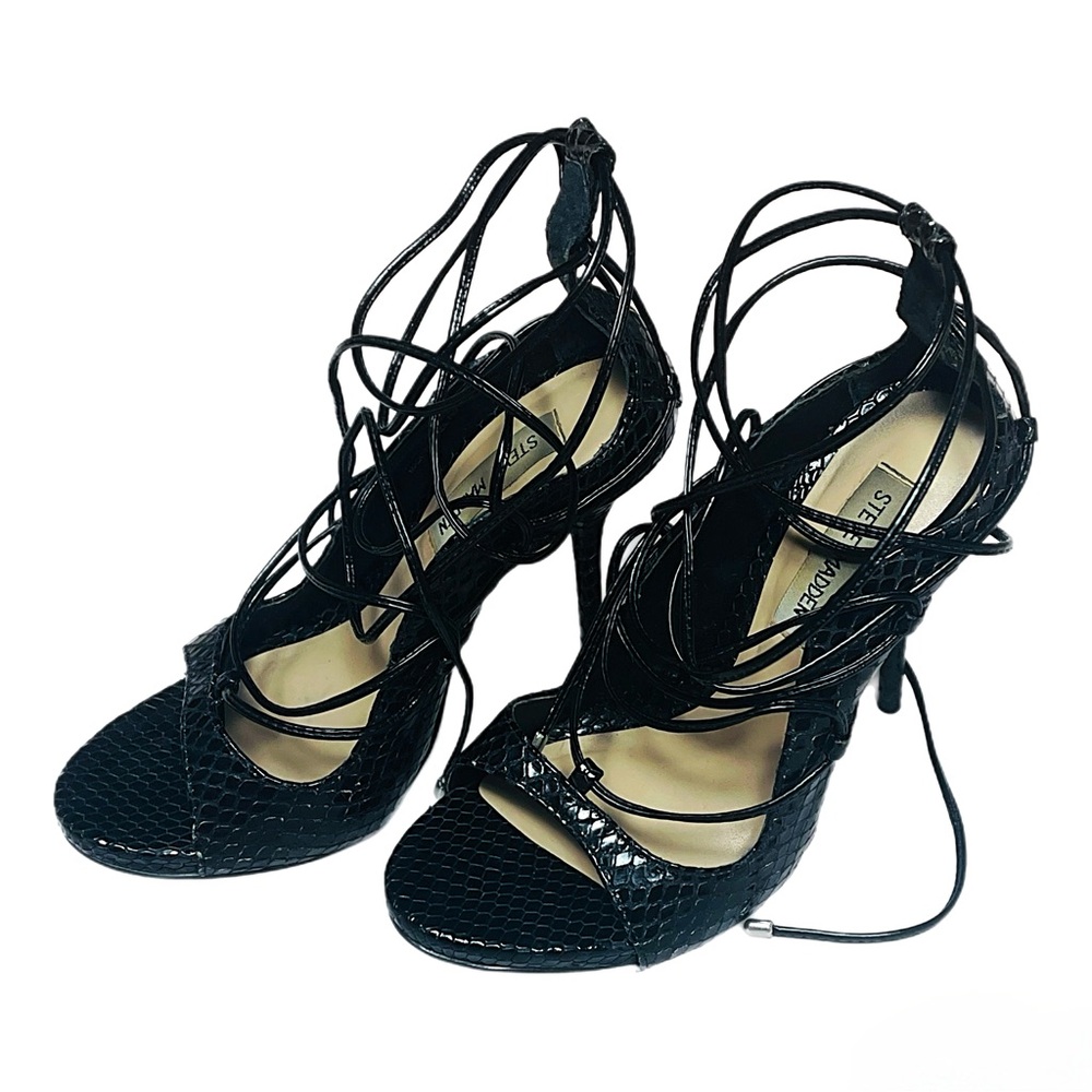 Steve Madden Black Stiletto Strappy Snake Print Heels